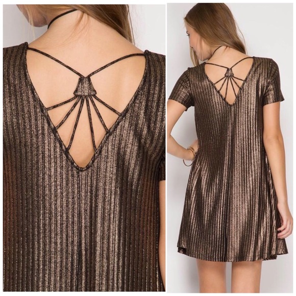 ❗️CLOSING SALE❗️Bronze Metallic Ribbed Swing Dress - Picture 2 of 3